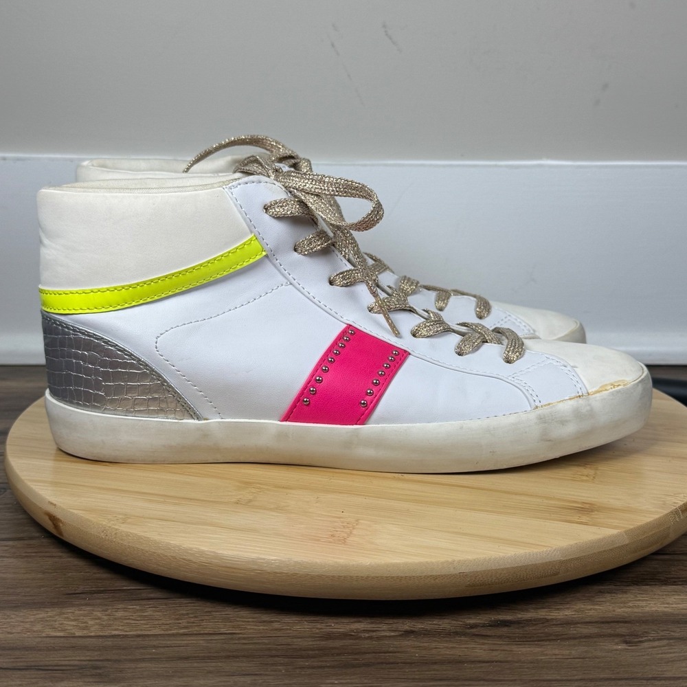 Nine West High Top Sneakers Womens 9 White Neon Pink Yellow Silver Heel Retro 80